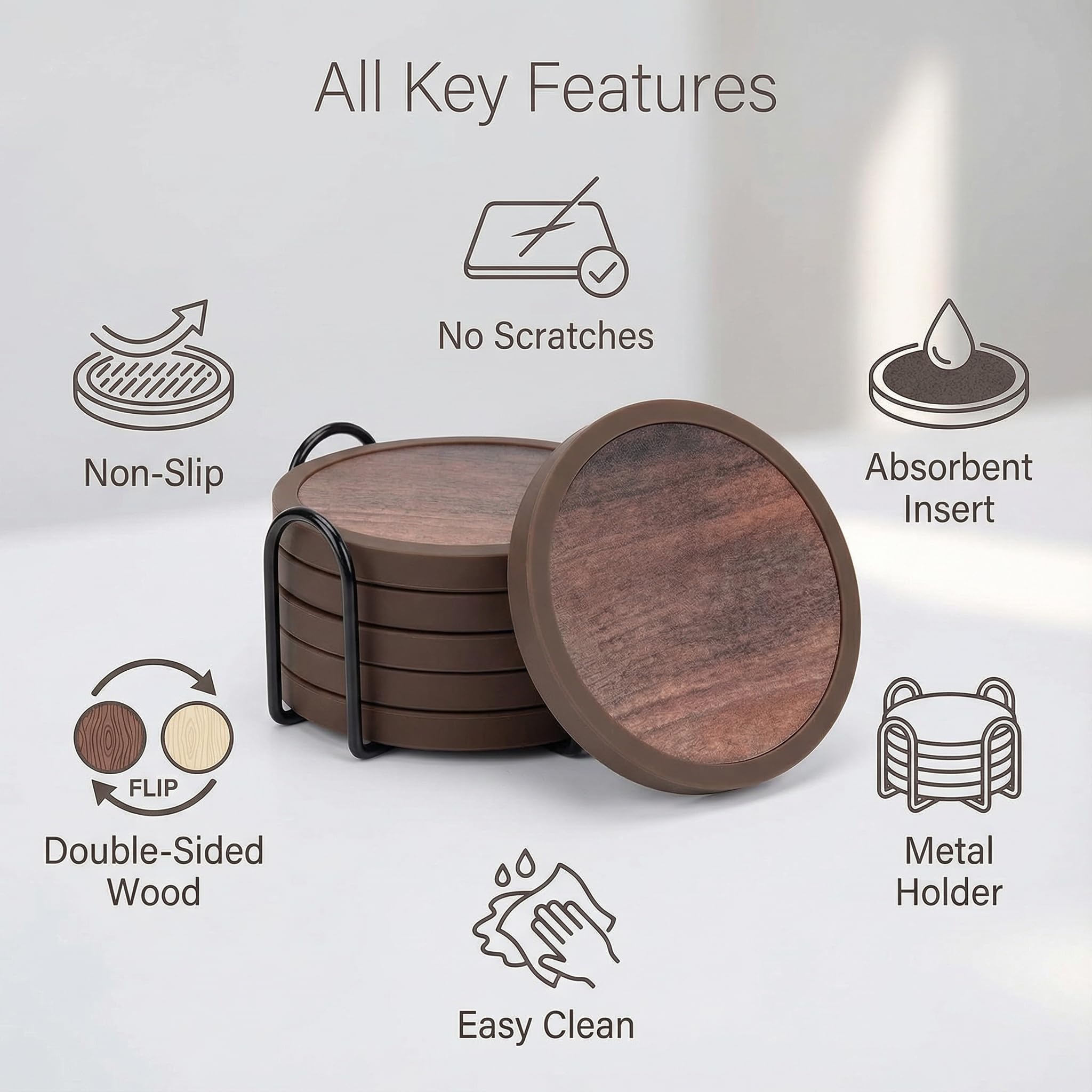 Sottobicchieri assorbenti per bevande con supporto, confezione da 6, in silicone con inserto in morbido feltro (sottobicchieri da 10,9 cm con supporto da 11,4 cm, stile legno)