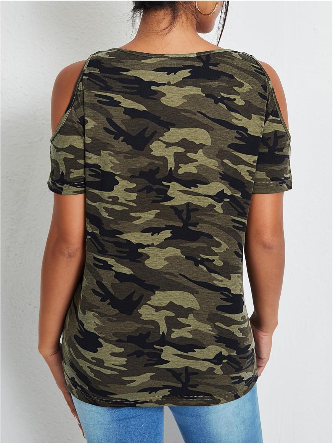 Women's Camo Cold Shoulder T Shirt V Neck Short Sleeve Slim Fit 2025 Summer Tee Tops - Image 3