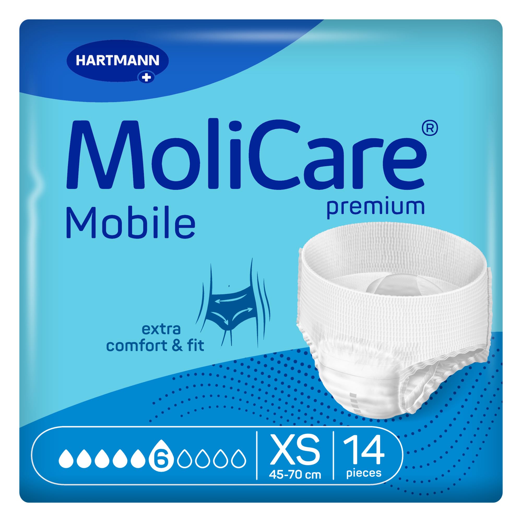 MoliCare Premium Mobile 6 Drops | Size XS | Incontinence Pants for Moderate Incontinence | Extra Leakage Protection | Fast Absorption | Instant-Dry Feeling | 18-28inches | 14 Pieces