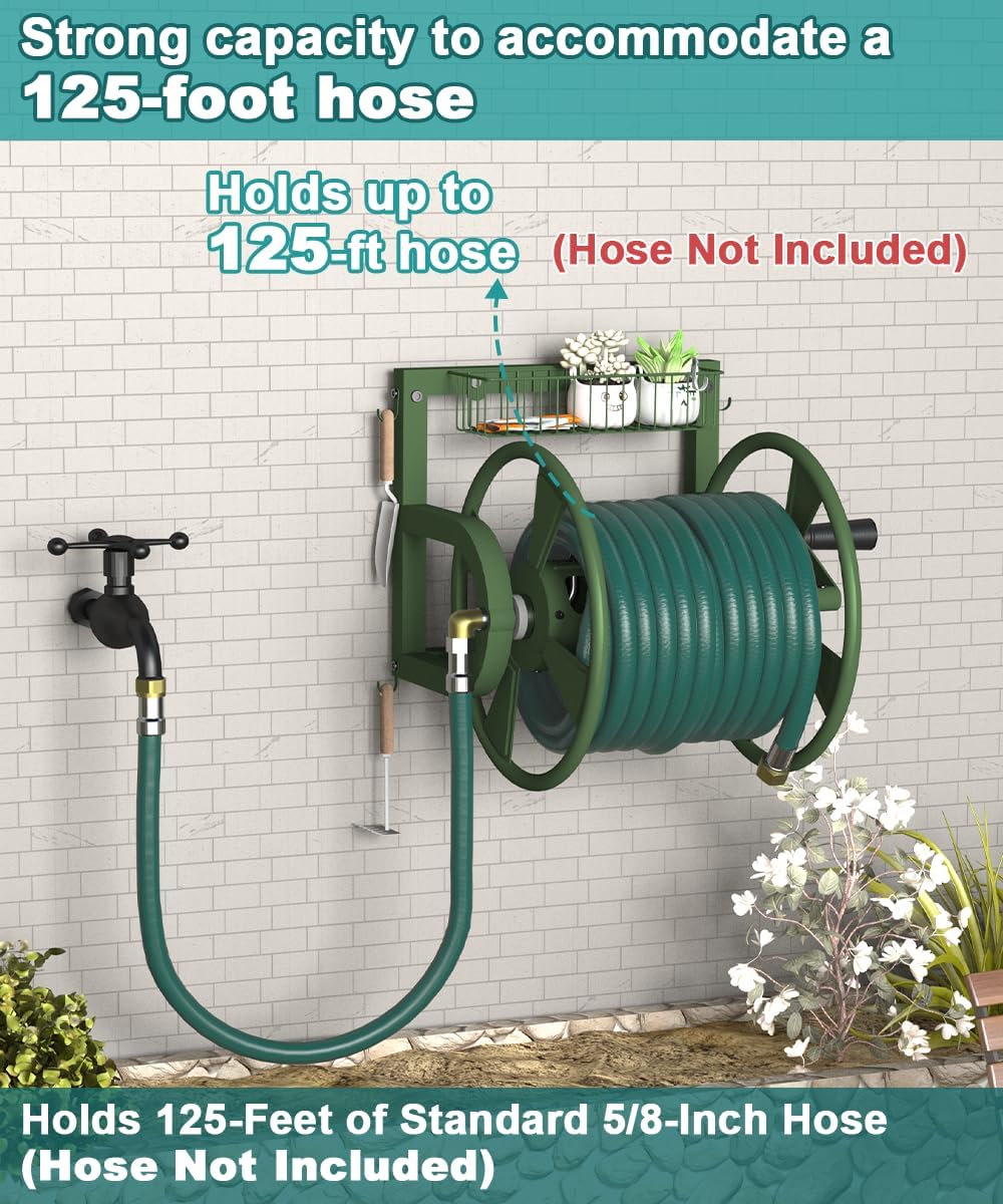 Artigarden Outdoor Wall Mounted Hose Reel with Hook, Garden Heavy-Duty Water Holder Winder with 3.9 ft Leader Hose, Brass Fitting and Storage Basket for Yard, Holds 125 Ft of 5/8-Inch Hoses, Green