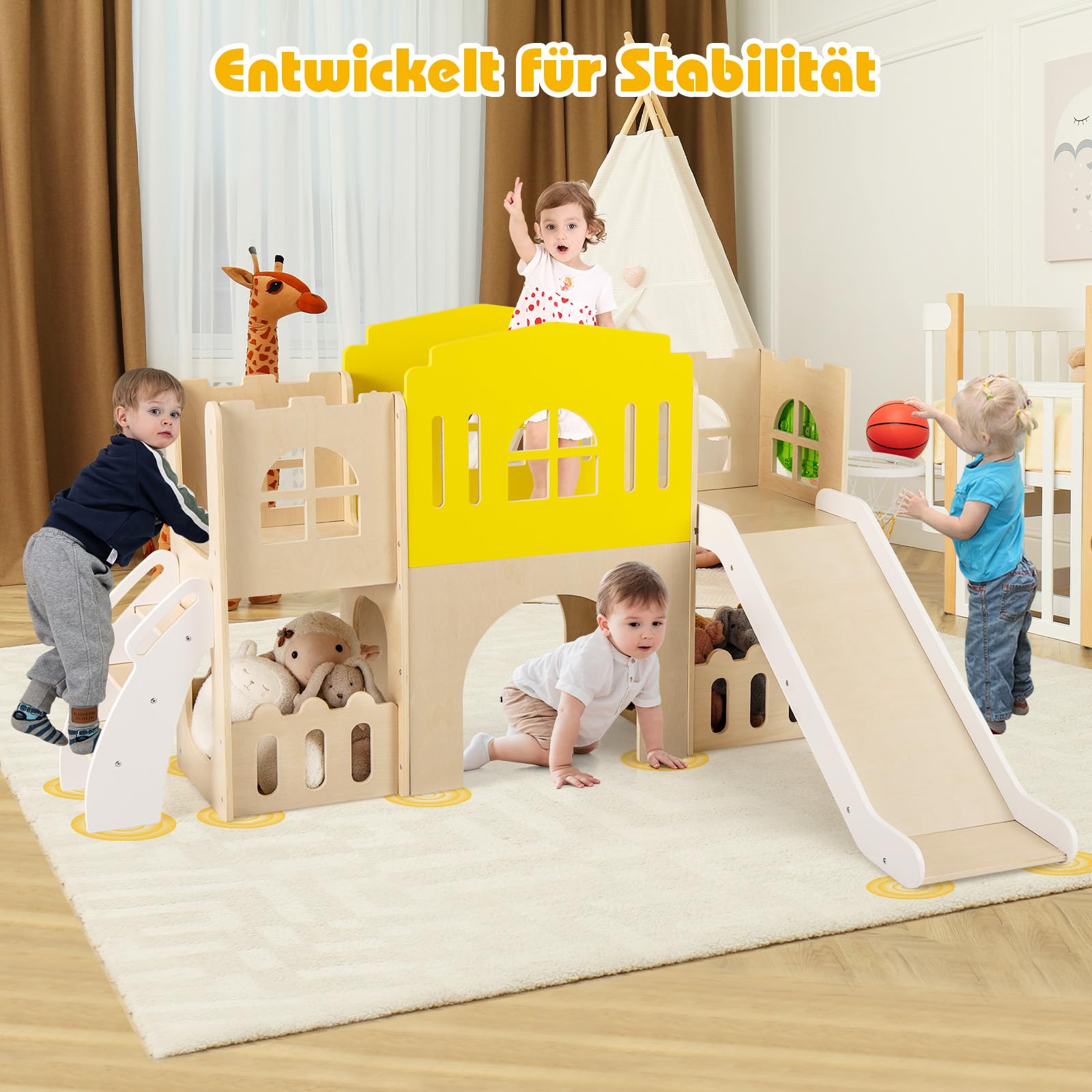 DREAMADE 7-in-1 Kinderrutsche Holz, Kinder Rutsche mit Basketballkorb & Kletterleiter, Klettergerüst Indoor mit Gucklochfenster, Tunnel & Stauraum, Spielplatz, Gartenrutsche für Kinder ab 3 Jahren