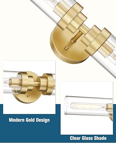 Miniatura 3 de Emak Moderna lámpara dorada de 22 pulgadas para espejo de baño, luces cilíndricas de tocador para espejo, apliques de pared de 2 luces con vidrio