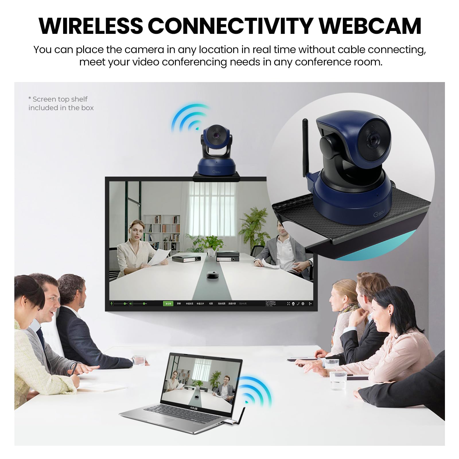 Gsou Webcam sans Fil, Appel vidéo HD 1080p et caméra de Streaming, Plug&Play, Webcam avec Caméra d'ordinateur tripode pour PC/Mac/Ordinateur Portable/Fonctionne avec Zoom Meetings, Skype, Teams