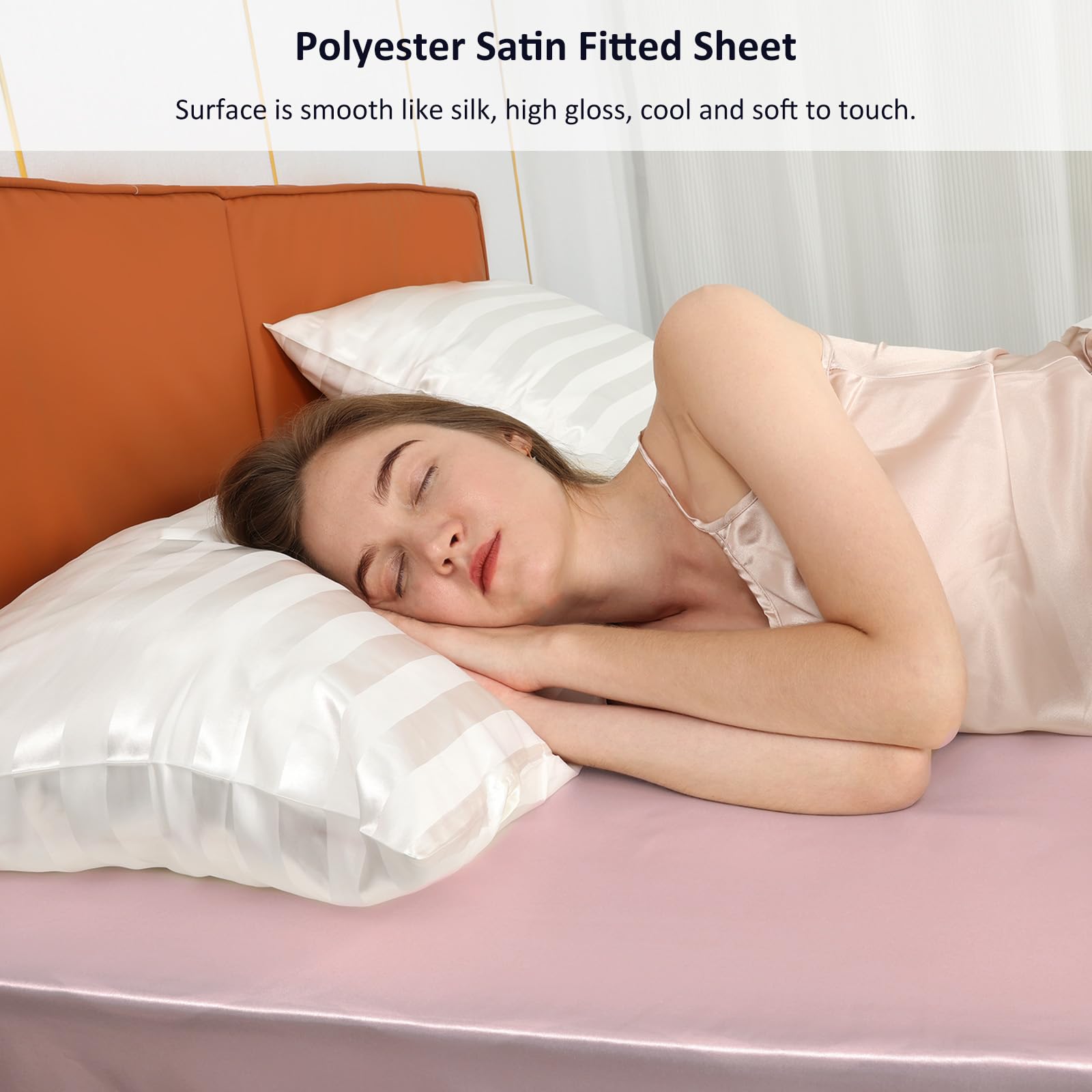 Sábana bajera de satén, lujosa ropa de cama de poliéster suave y sedoso con bolsillo profundo, funda de colchón, individual XL, rosa claro 5