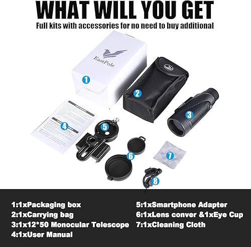 Miniatura 7 de Telescopio monocular monocular monocular de alta potencia de 12 x 50 para adultos con adaptador de teléfono inteligente, lente FMC y prisma BAK4,