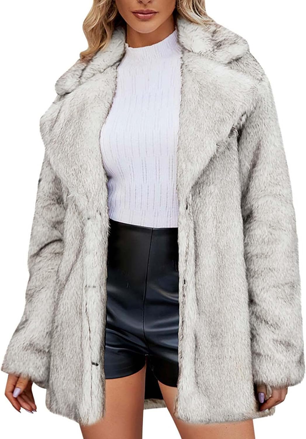 Winter Women Faux Fur Coat Warm Lapel Collar Shaggy Fuzzy Coats Casual Long Sleeve Fluffy Open Front Jacket Trendy