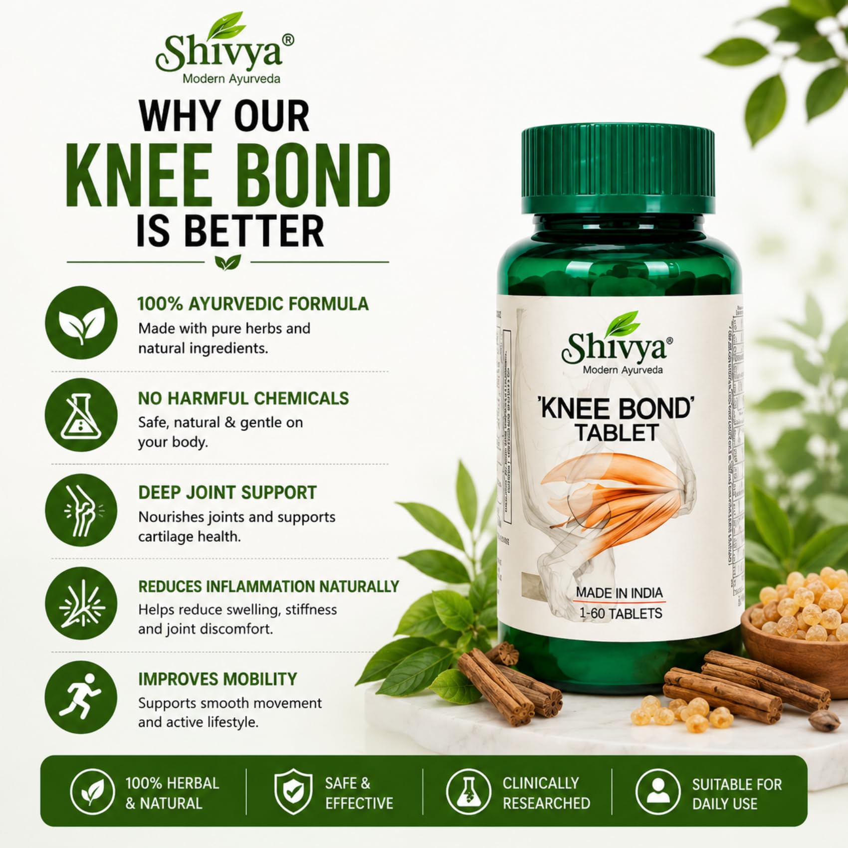A SHIVYA Product- Ayurvedic Knee Bond, Relieves Joint Pain & Stiffness, Reduce Muscle Pain, Support Mobility & Cartilage Health, 60 tablets 1
