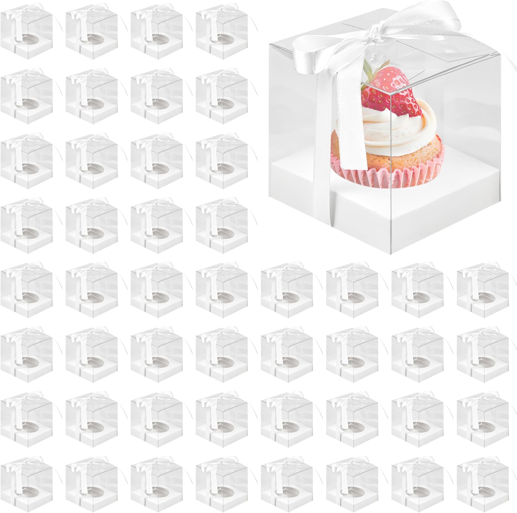 60 Pcs 3.5 Inch Clear Cupcake Boxes Single, Clear Cupcake Boxes with Ribbon and Inserts, Individual Plastic Cupcakes Containers for Cake Bakery, Party Present (White)