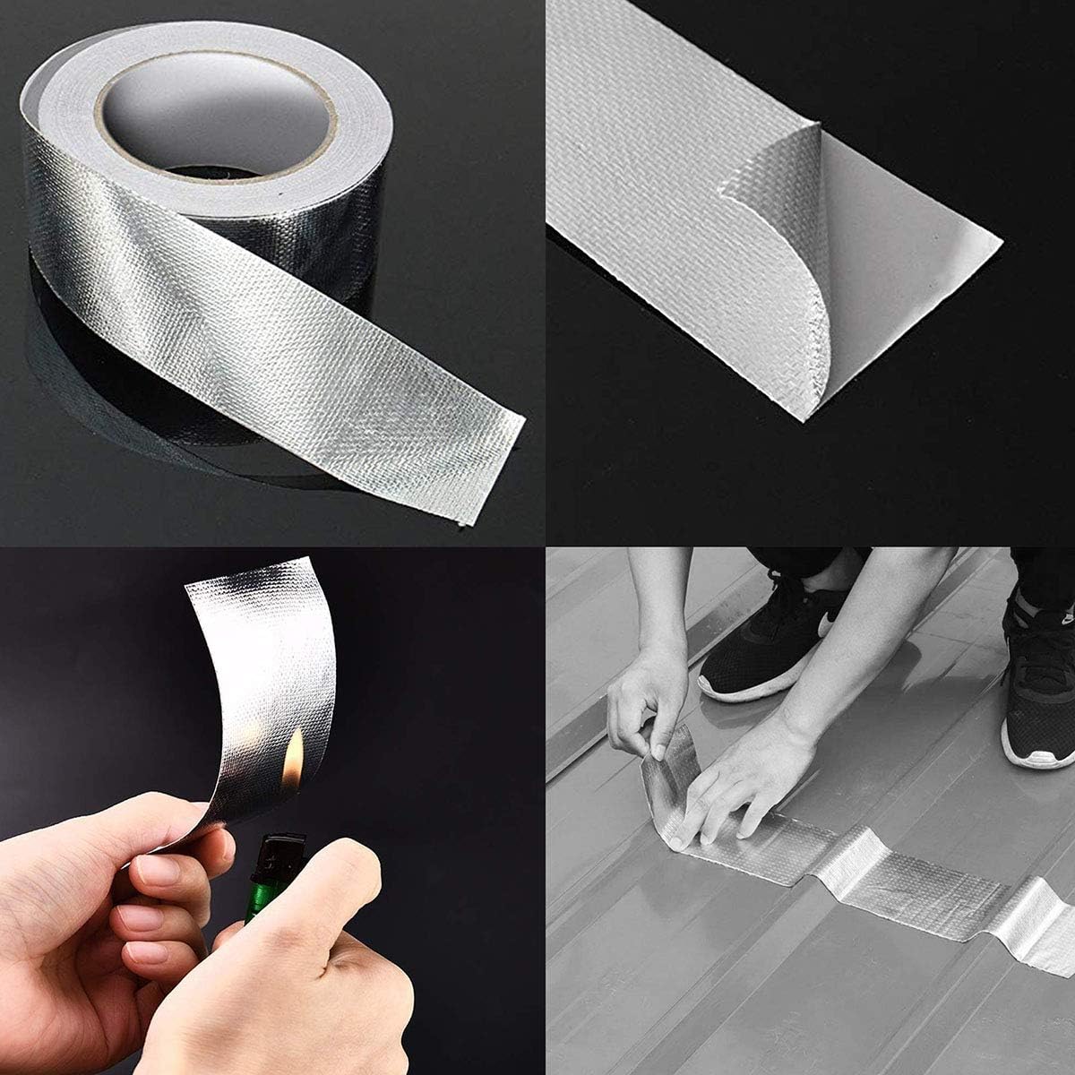 Glass Fiber Cloth Aluminum Foil Tape,HAOT Fireproof Self-Adhesive Tape High Temperature Leak Proof Tin Foil Paper Duct Tape Seal Pipe Insulation Tear Resistance Metal Repair 2" x82'Roll-Silver
