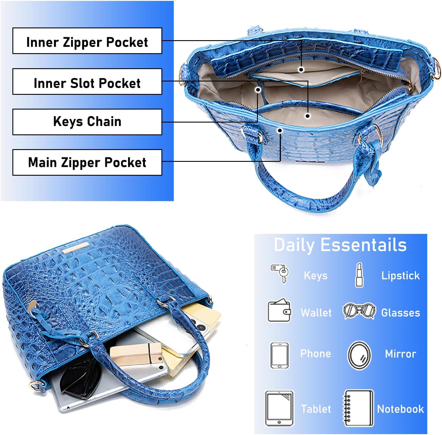 Ladies Tote Leather Bags for Women Crocodile Embossed Zipper Satchel Purse Elegant Compartments Crossbody Work - Image 4