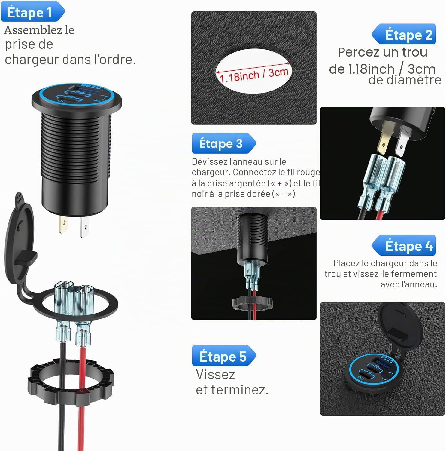 Prise USB 12V, Chargeur USB Filaire Multi Port, Double Prise Voiture PD3.0 et QC3.0 avec Interrupteur, Chargement Rapide pour iPhone iPad Android Phones, Adapté à la Voiture Bateau Marine