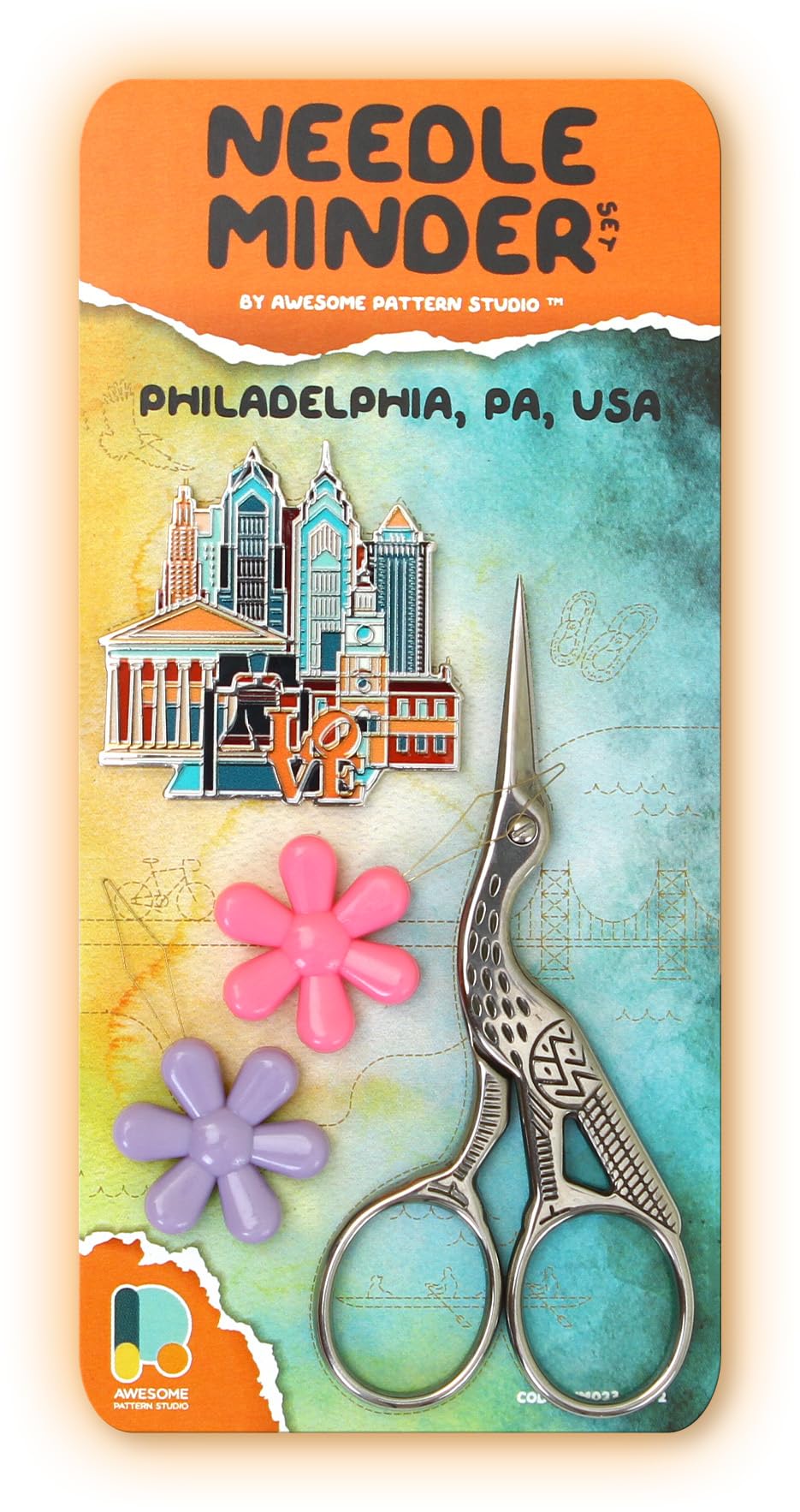 Awesome Pattern Studio Philadelphia Magnetic Needle Minder Set Includes Needle Minder, 2 Threaders, 'Crane' Scissors. Multicolor Enamel Pin for Cross Stitch, Embroidery and Craft