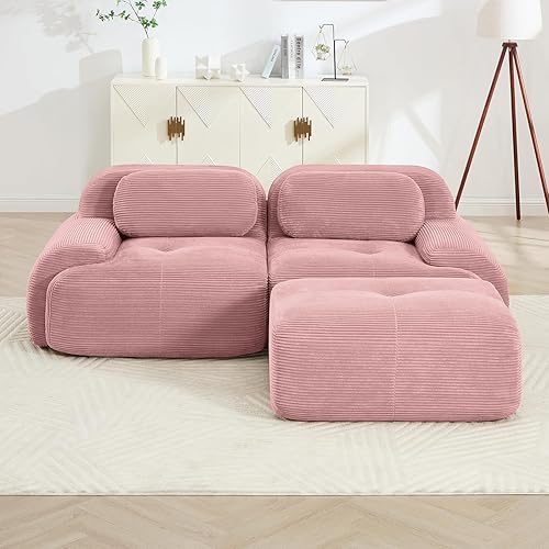 Miniatura 3 de Sofá biplaza moderno de 80 pulgadas para sala de estar, sofá modular de pana con asiento profundo, sofá biplaza rosa con 1 otomana, sofás para sala
