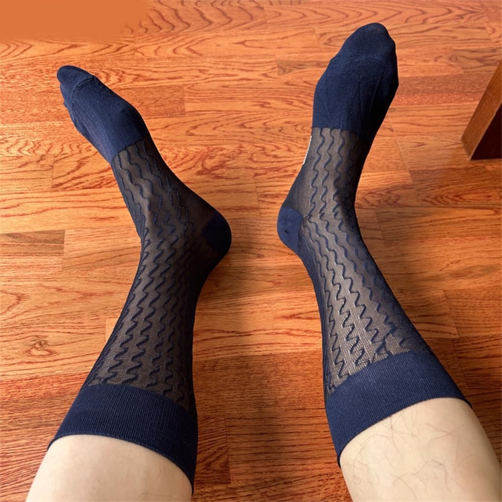 Men's Thin Sheer Nylon Dress Socks Elegant Waved Pattern Middle Calf Socks for Business Suit and Formal