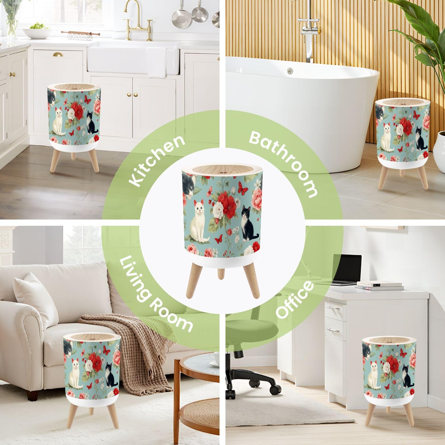 Small Trash Can with Lid Cute Fluffy Cat Blue Floral Kids Room Nursery Kitten White Black Round Press Top Garbage Can with Legs Trash Bin Waste Basket for Kitchen Bedroom Bathroom 7L/1.8 Gallon