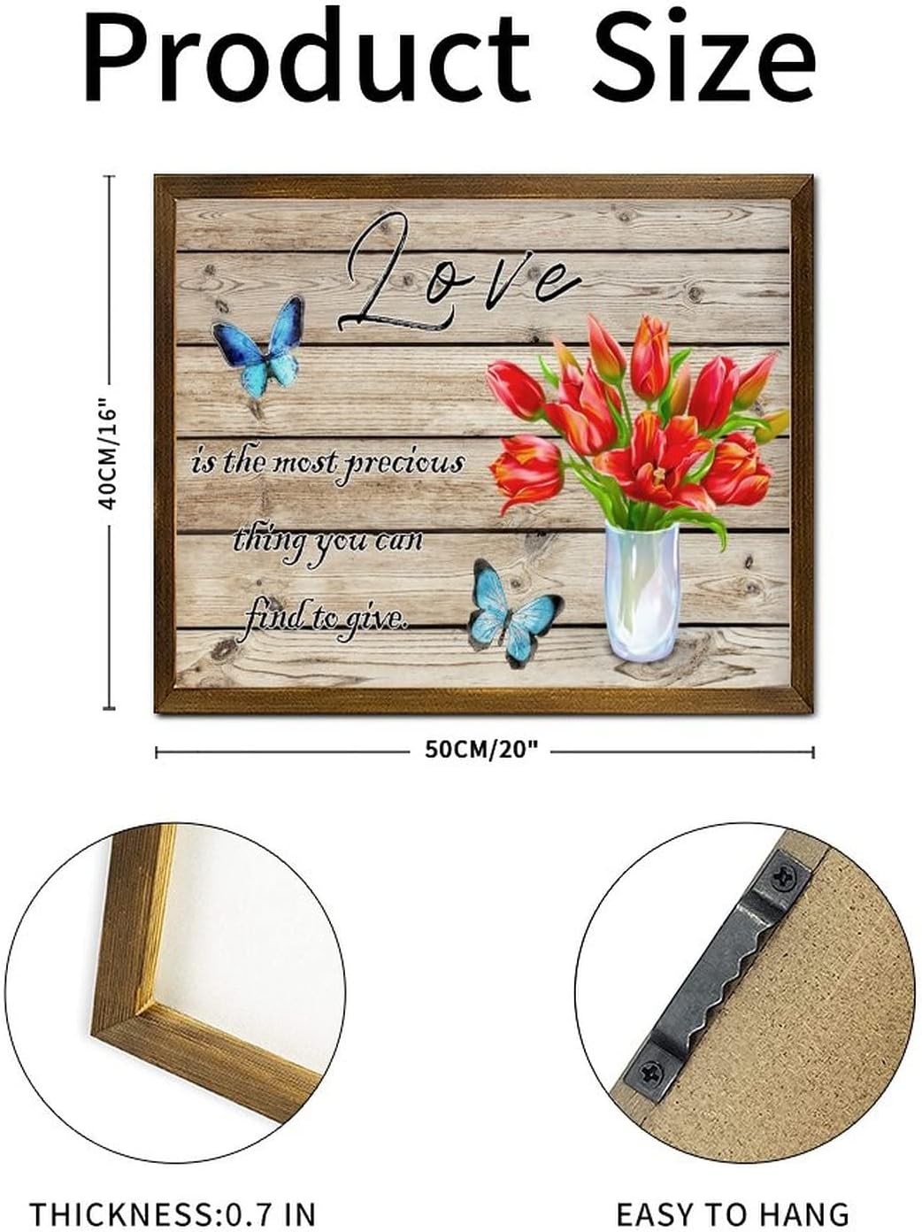 Love is The Most Precious Thing You Can Find to Give Wooden Framed Signs Butterfly Tulip Flower in Kettle Wooden Wall Hangings Classic Nature Plants Wall Art Hanging Decor for Home Room 16x20 Inch
