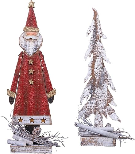 One Holiday Way Juego de 2 figuras de Navidad de madera de Papá Noel y árbol blanco de 10 pulgadas con detalles de bosque rústico, decoración