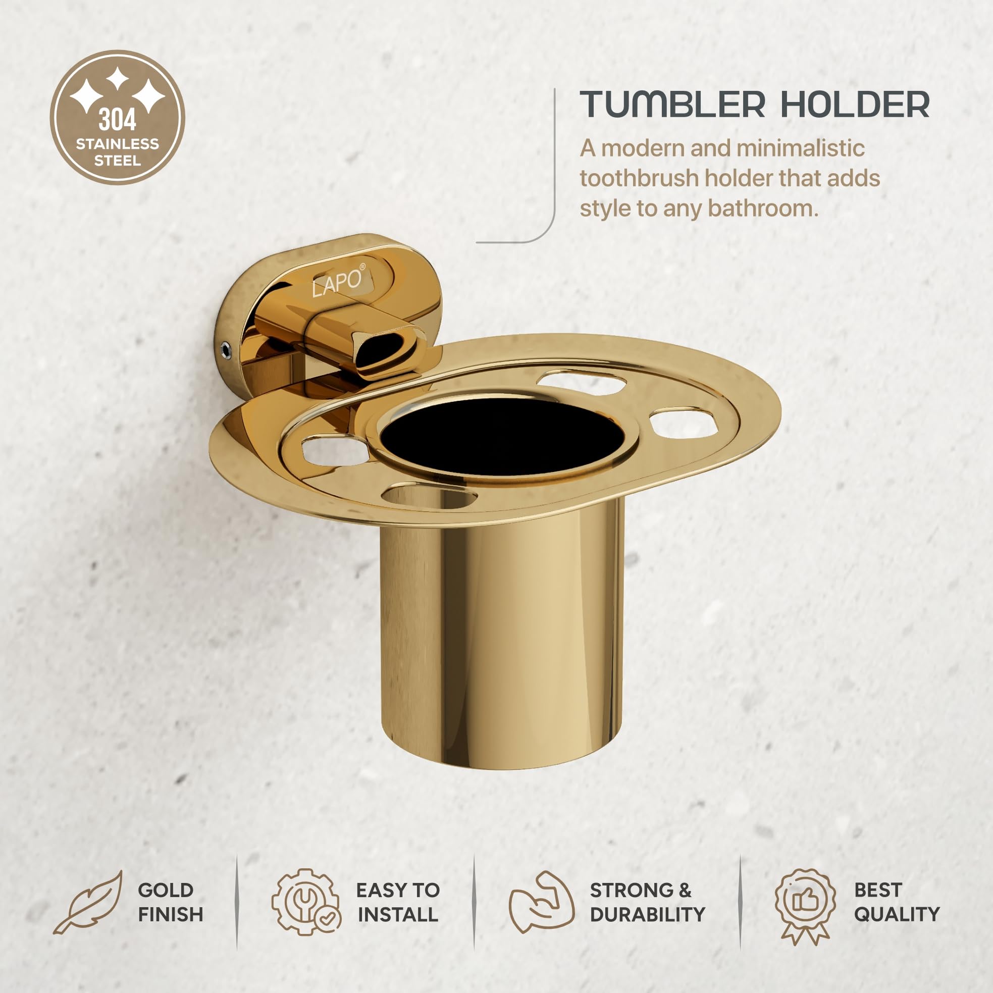 LAPO 304 Stainless Steel Toothbrush Holder for Bathroom, Wall Mount Tumbler Stand with Durable Anti-Rust Body, Strong Wall Mounted Support, 25 Years Warranty (Gold Finish) 1