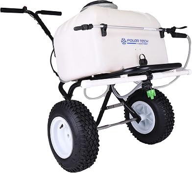 EarthWay 90309 8 Gallon Battery Operated Push Sprayer 9.5ft Hose with Detachable Boom, T-Jet Spray Nozzle, 13inch Pneumatic Tires and Painted Steel Frame