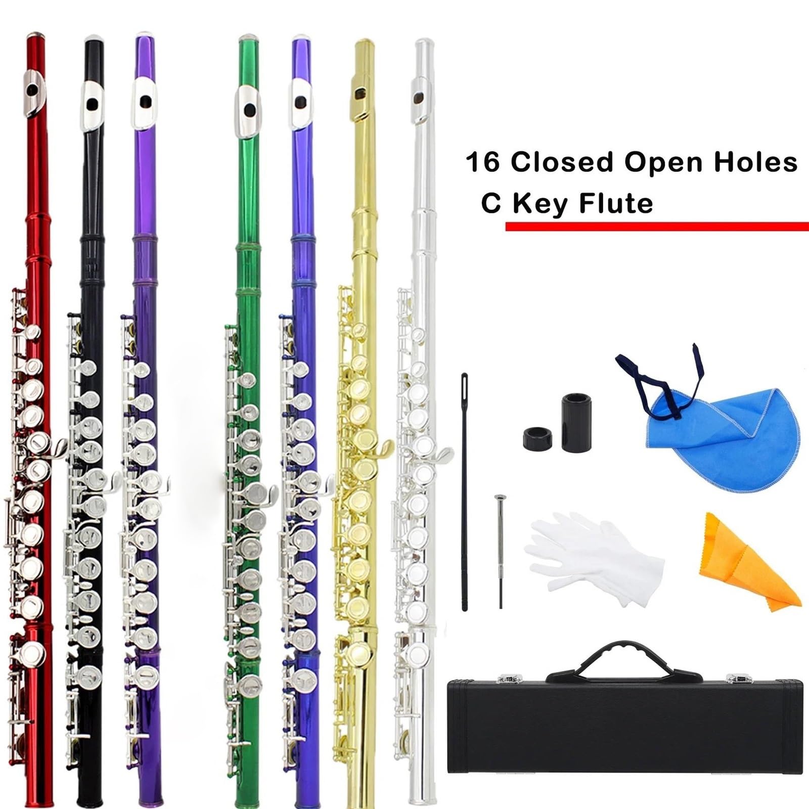 Flauto Set Di Scatole Per Principianti Strumenti A Fiato Traverso Professionale Con 16 Fori Aperti Chiusi(Silvery)