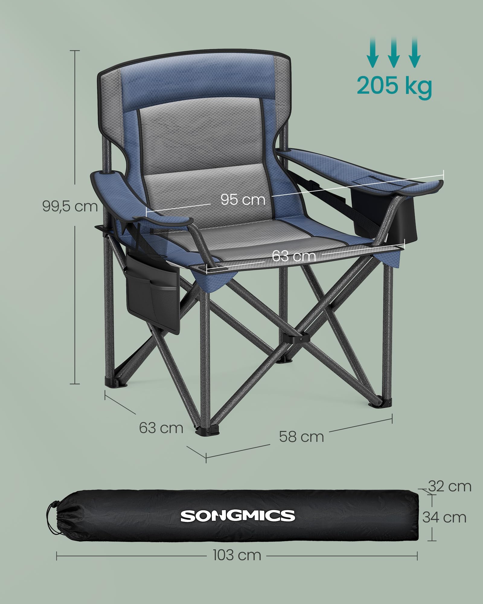 SONGMICS Silla de Camping Extragrande y Acolchada, Cómoda Plegable para Exteriores, Soporte Lumbar, Bolsa Térmica, Carga 205 kg, Azul Marino GCB066Q01