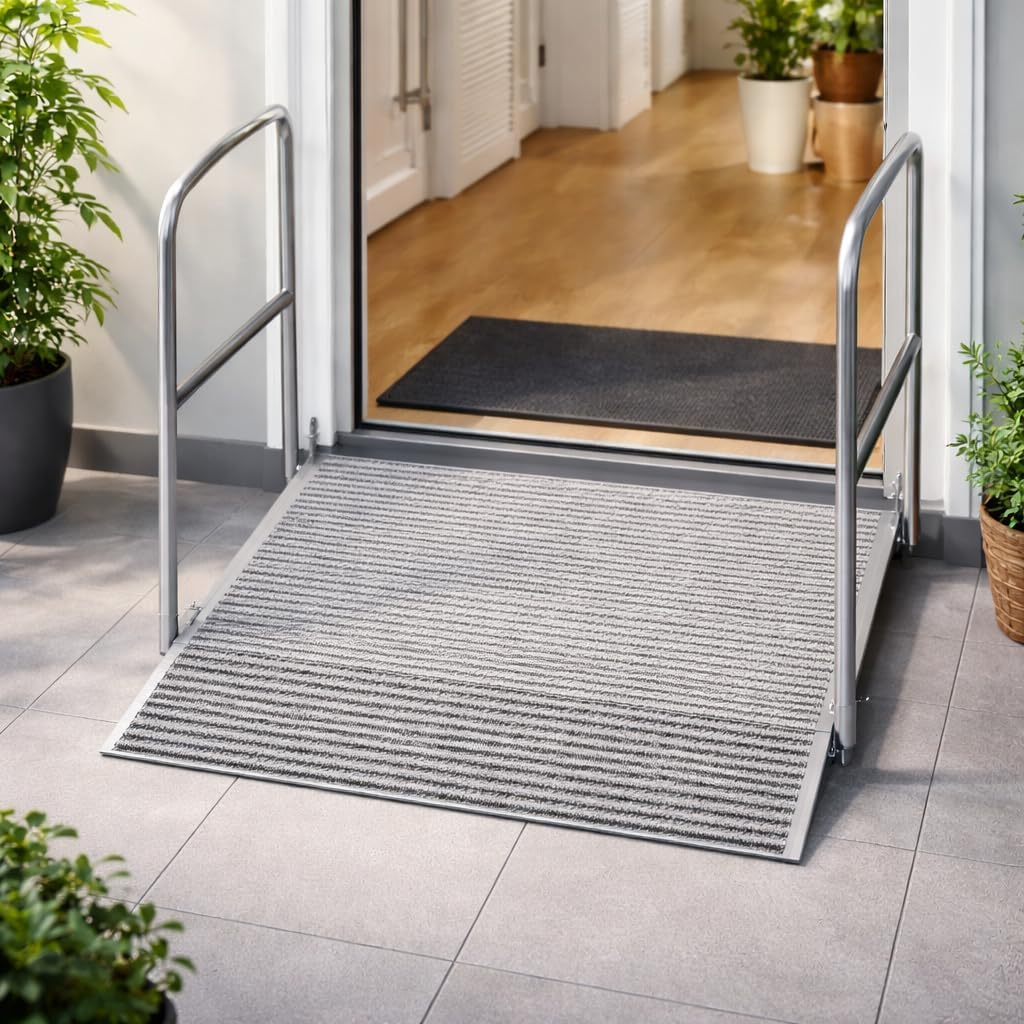 Aluminum Adjustable Threshold Ramp with Detachable Handrail for Wheelchair, 36" x 36" Doorway Ramp with 3.4"–7.2" Rise, Self-Supporting Entry Ramp for Uneven Surface, 1100lb Capacity with Non-Slip Mat