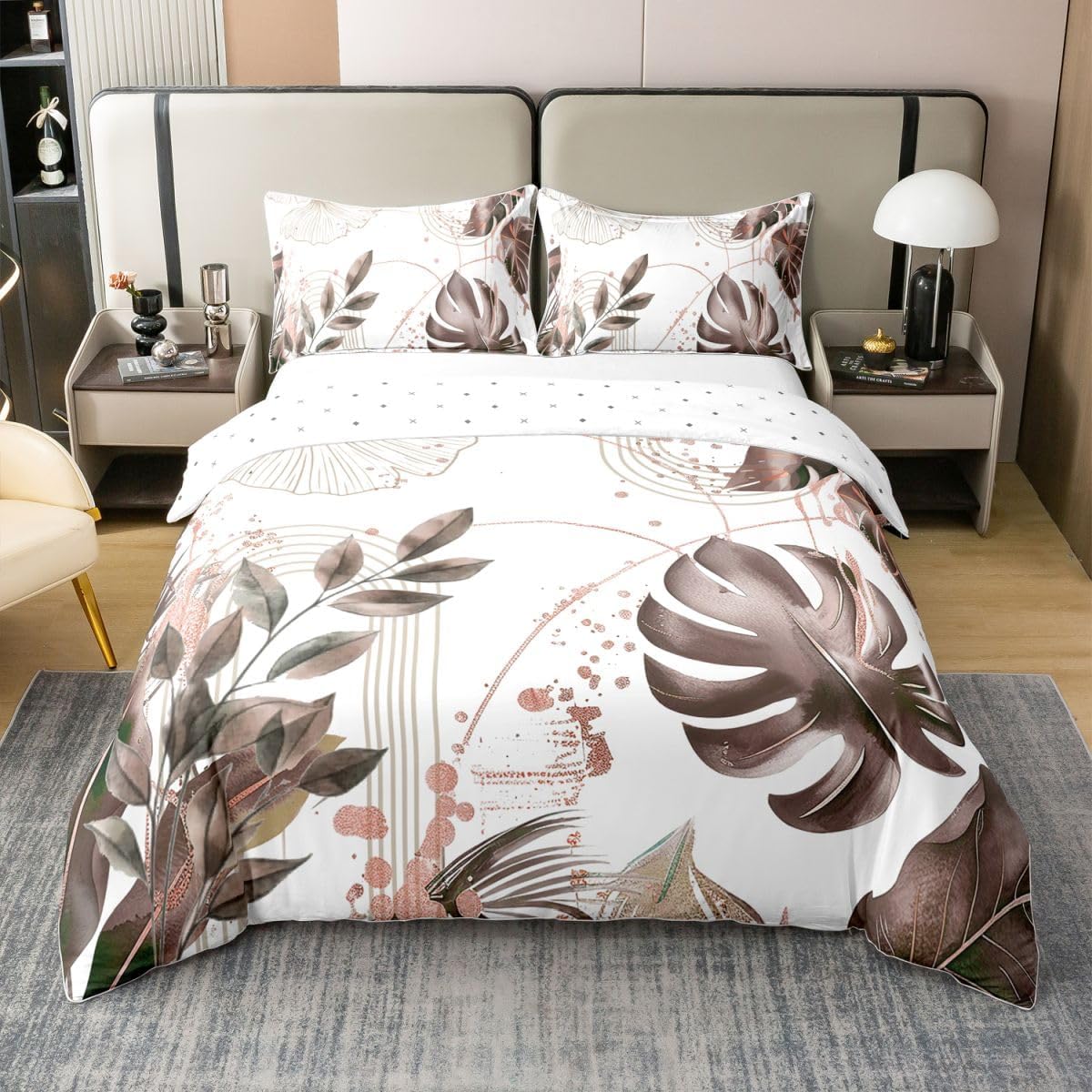Erosebridal Palm Leaf Duvet Cover Set Mid Century 100% Cotton Comforter Cover | Minimalist Abstract Striped Full Size Bedding Sets, Tropical Plant Ginkgo Leaves Bed Set,White Brown