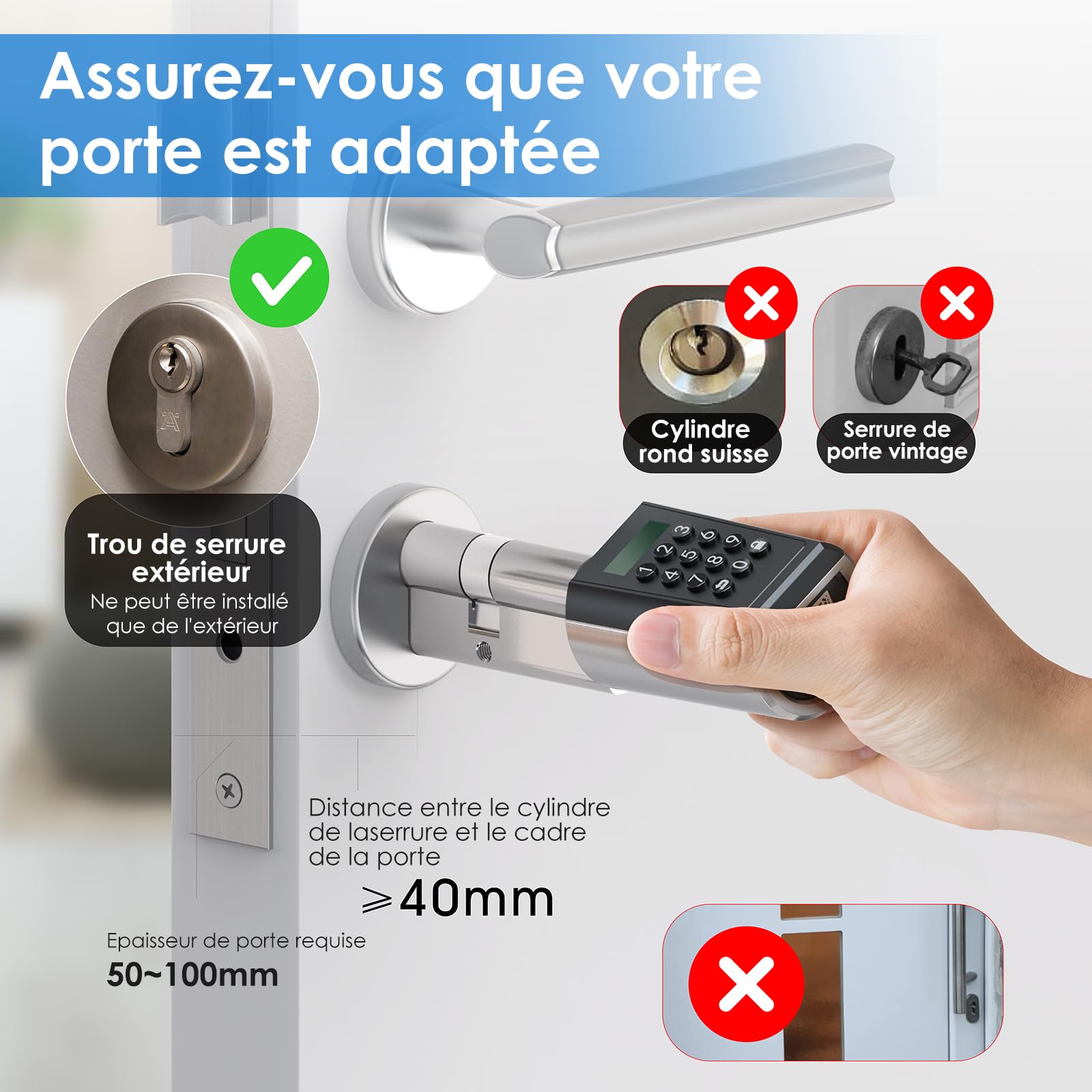 RUILON Serrure connectee porte entree PCB41 - IP65 Cylinder à code 40x30 | Serrure electronique avec 3 Cartes RFID, Installation facile, APP Commande, portes 50-100 mm, Code temporaire personnalisable