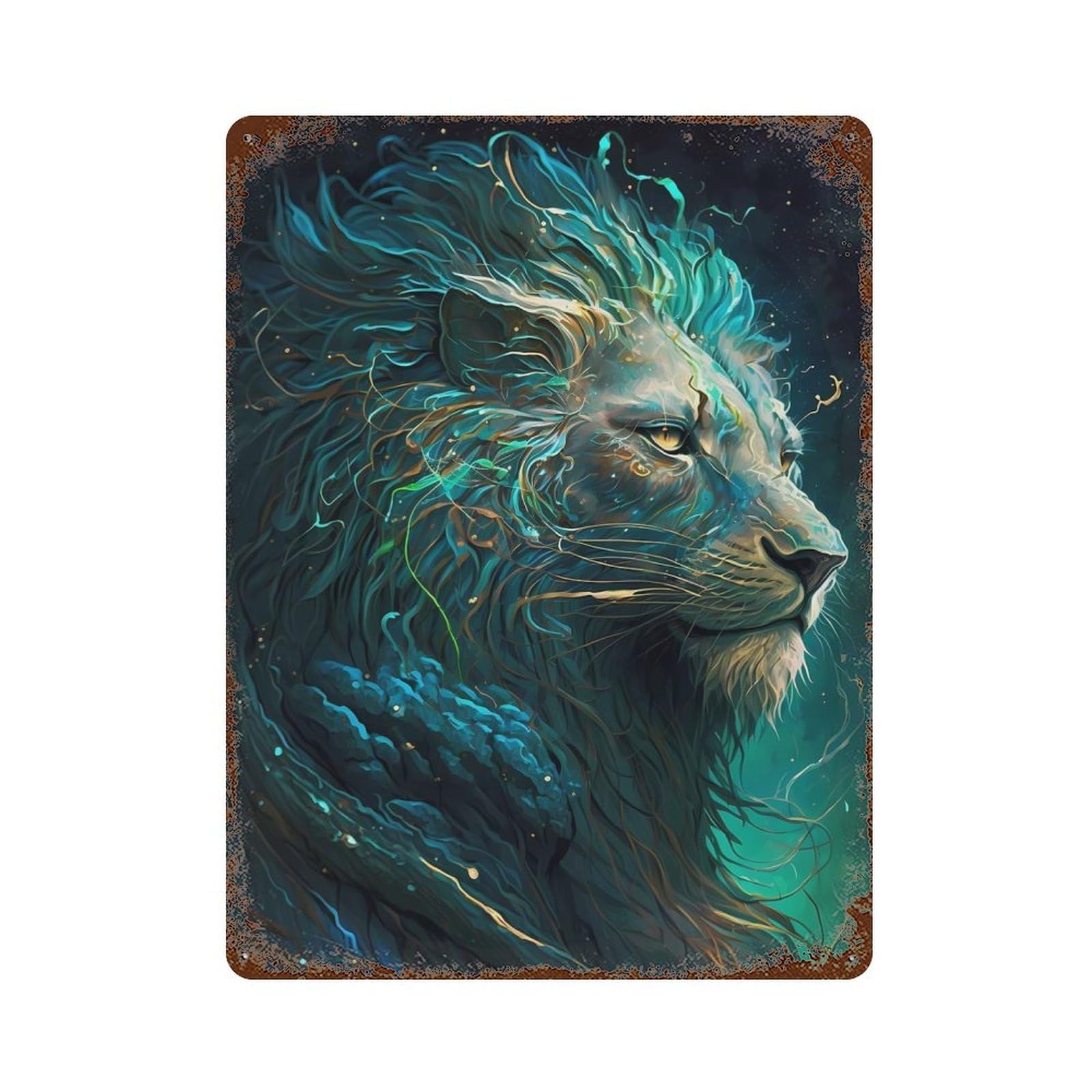 Rusty Metal Tin Sign with Lion Imaginative Design 15.7"x11.8", for Garage, Bar And Workshop Decor, Decorative Metal Wall Art