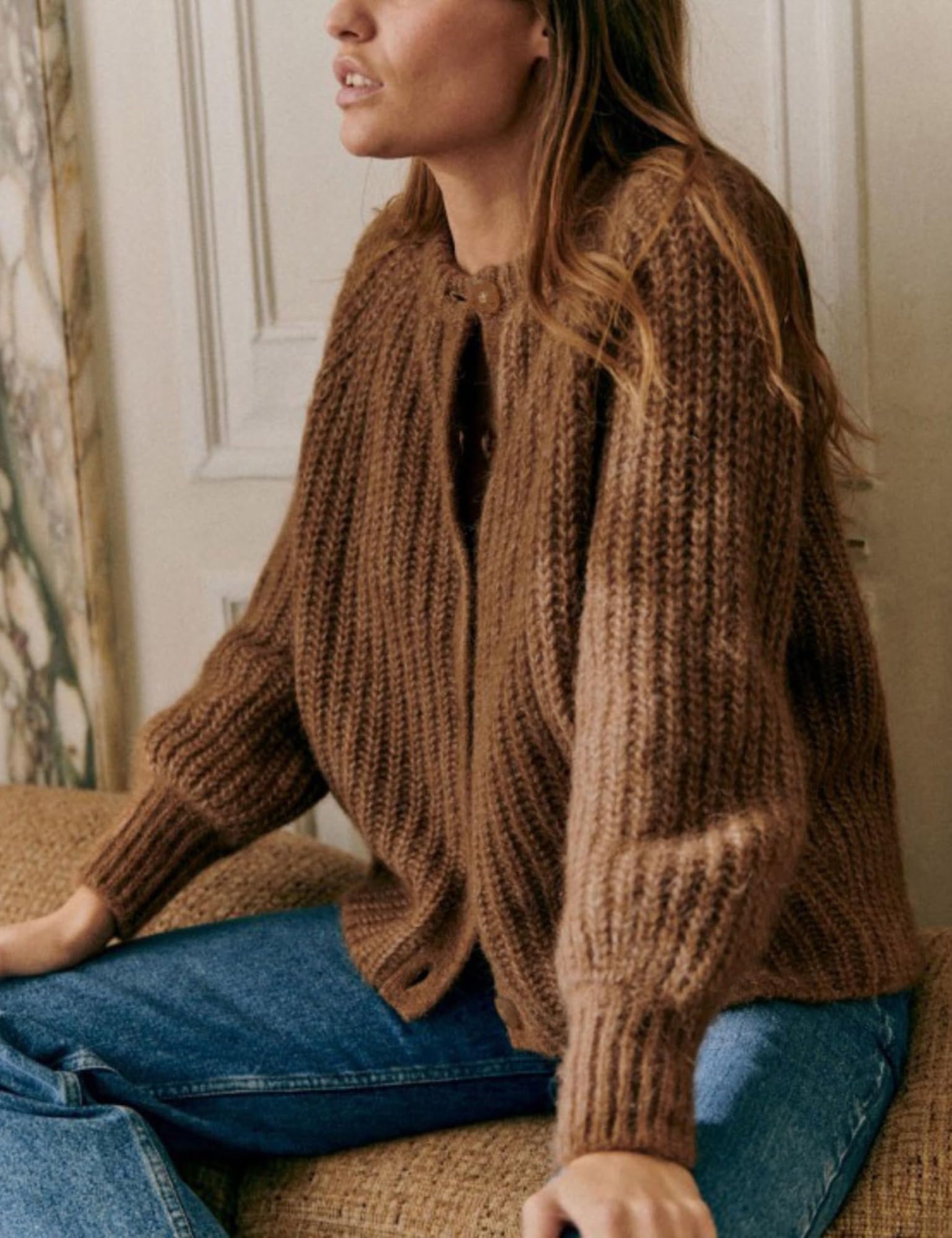 Capispalla in Maglia Cardigan abbottonata Girocollo a Maniche Lunghe Casual da Donna(Brown,L)