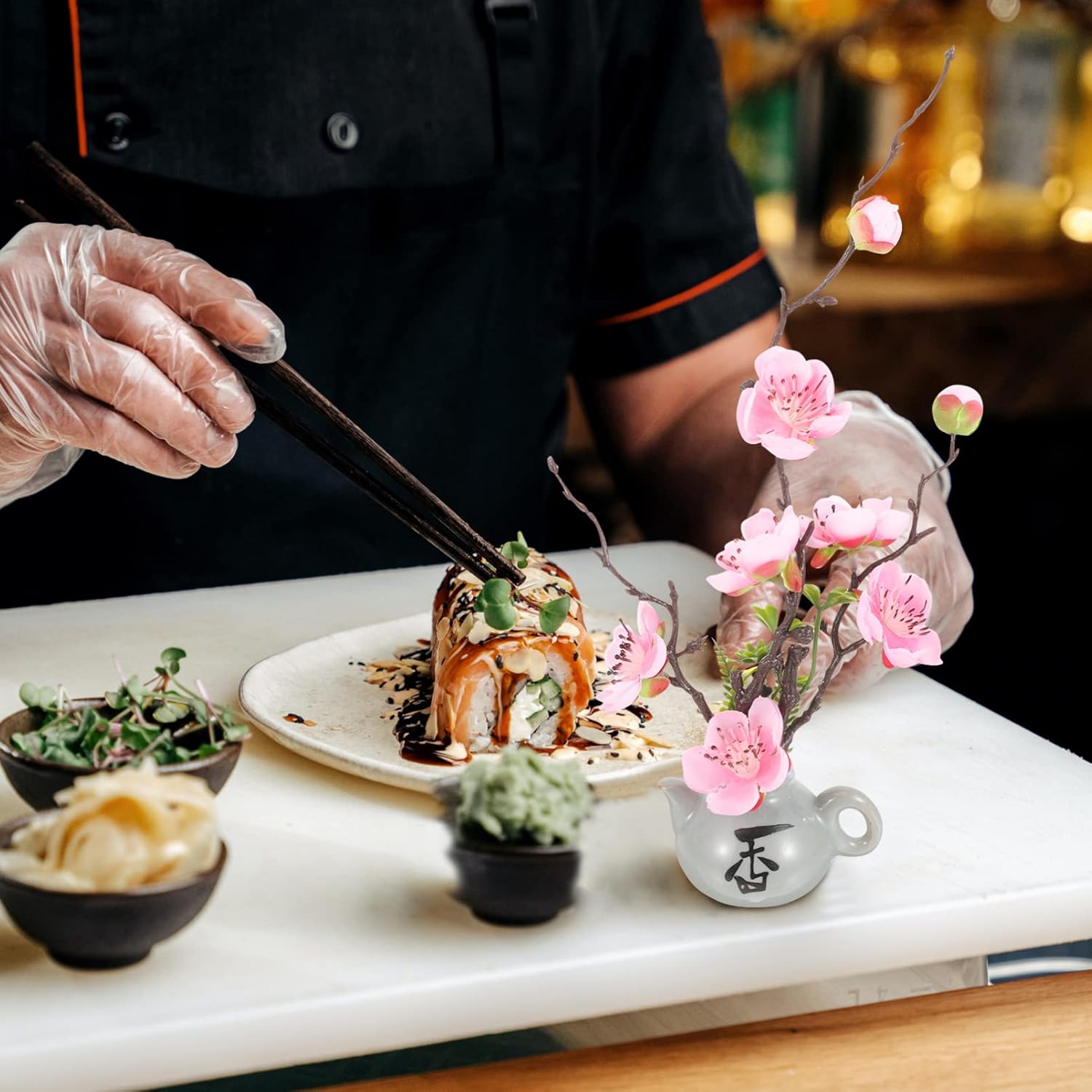 Hemoton Artificial Blossom Embellishment 2Pcs Sushi Plate Decor for Japanese Food Presentation Kitchen Dining Serveware 6.29X5.90X3.54In