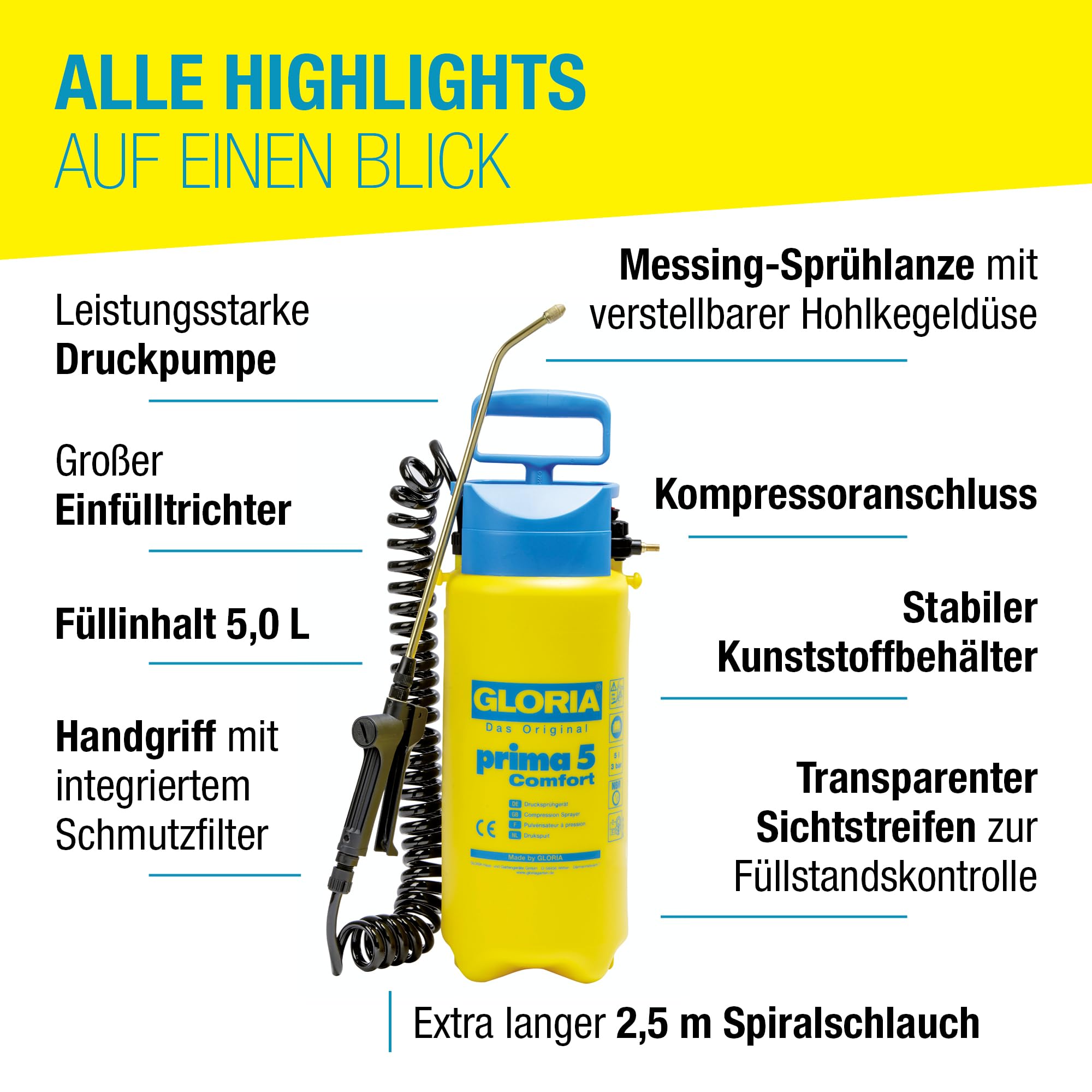 GLORIA Drucksprüher prima 5 Comfort | 5 L Gartenspritze mit Spiralschlauch & Kompressoranschluss | Komfort Drucksprühgerät für Pflanzenschutz, Gartenpflege, Düngung & Unkrautbekämpfung