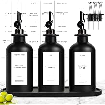 3PCS Olive Oil Dispenser Bottle For Kitchen, Soy Sauce Dispenser, Dark Glass Bottles for Oil and Vinegar Dispenser Set W. Wooden Tray & Labels & 3 Replacement Spouts, Coffee Syrup DispenserBlack