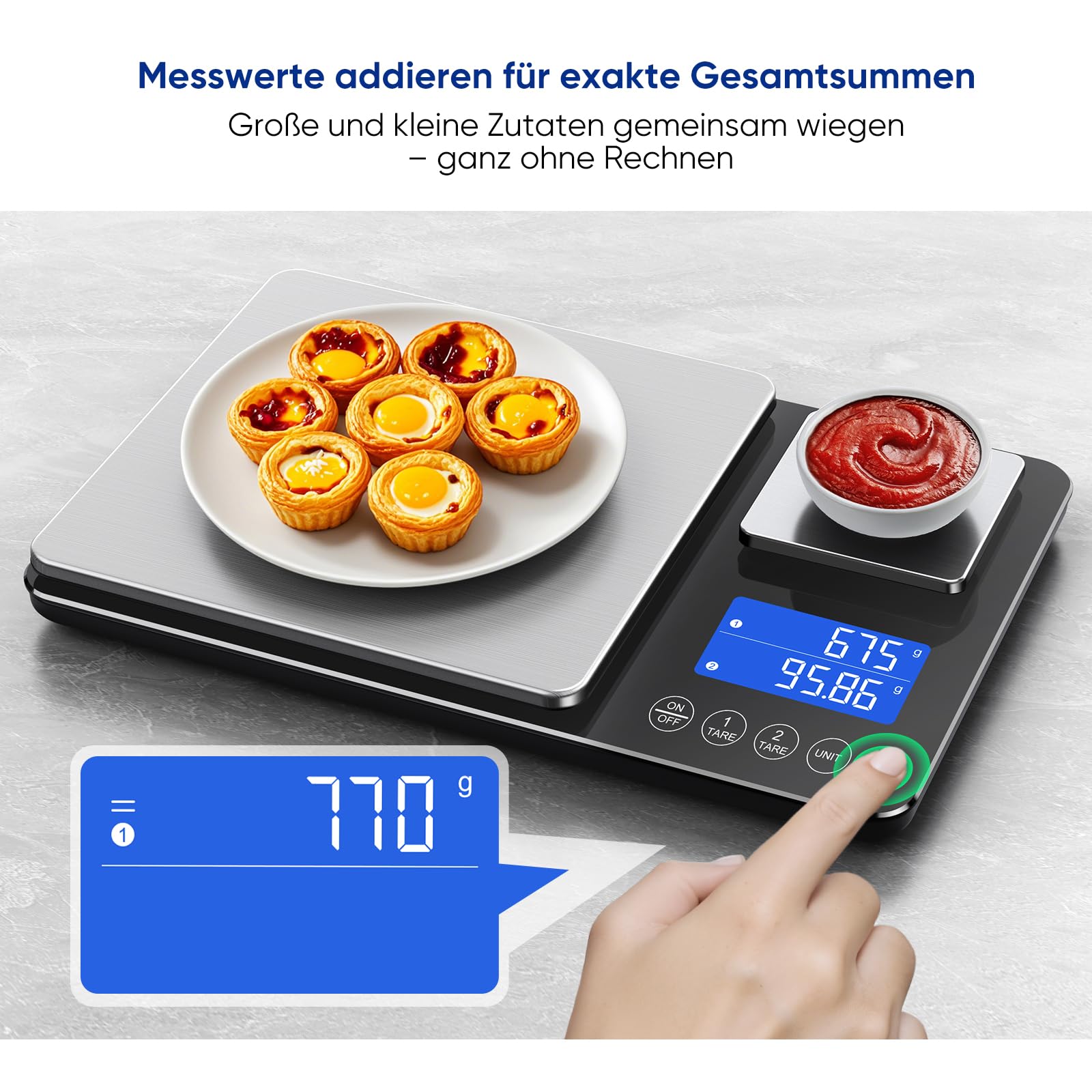 KUAIVO Küchenwaage Digital 15 kg / 0,01 g, Hochpräzise Zweibereichs Waage Küche mit Addierfunktion, Tara-Funktion, 7 Maßeinheiten, Küchenwaage zum Kochen und Brotbacken, inkl. Batterien