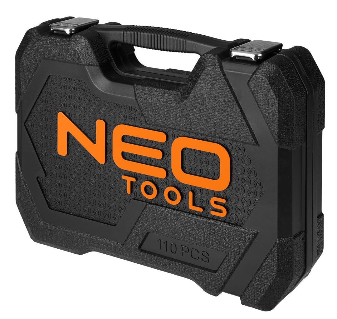 NEO TOOLS Juego de 110 llaves de vaso universales de 1/2" y 1/4" de acero al cromo vanadio con 72 dientes finos, incluye insertos Torx, tuercas hexagonales
