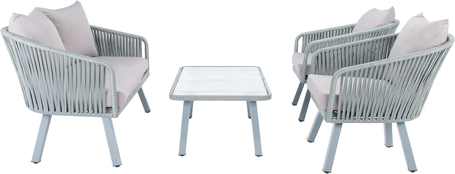 Safavieh Outdoor Collection Jorda Wicker Cushion 4-Piece Rope Patio Backyard Living Set PAT7518C, Grey/Grey