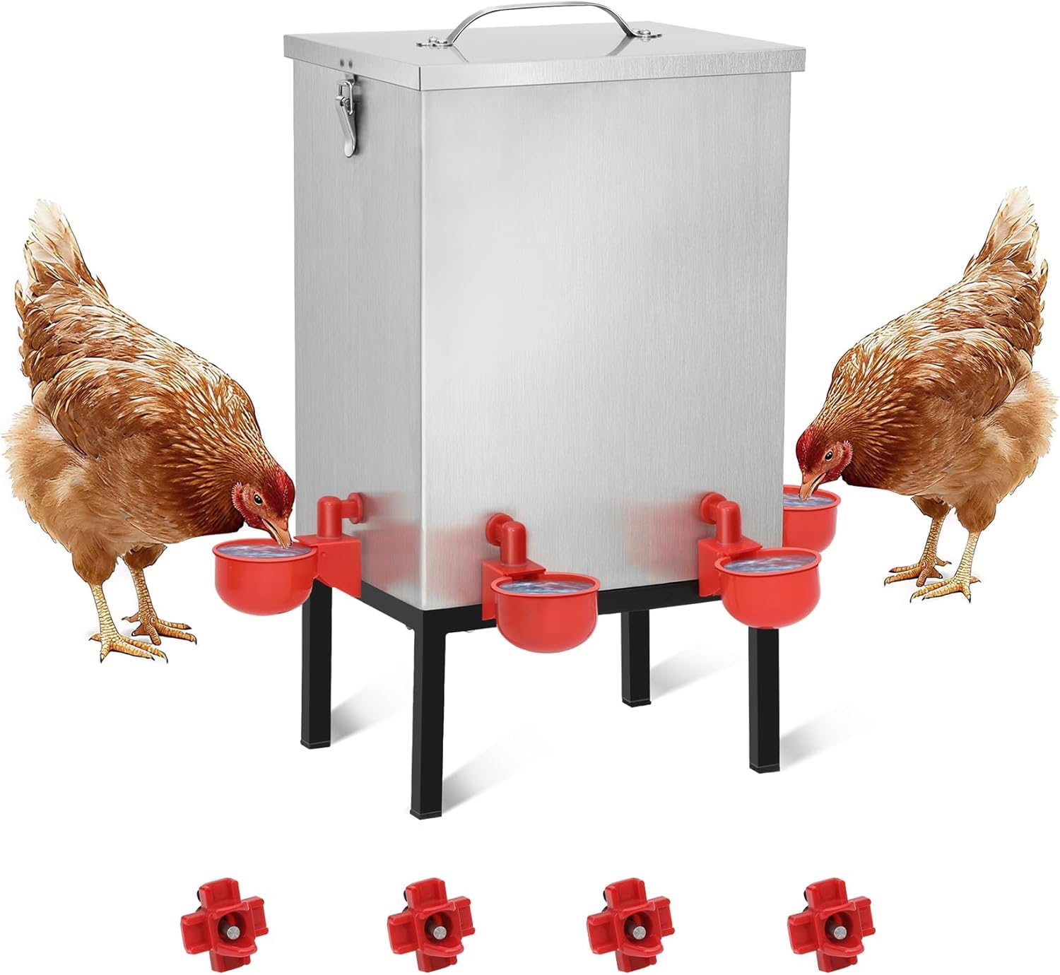 Bebedero gallinas automatico de 11 L, Dispensador de Agua de Acero Inoxidable para Pollos con 4 Vasos de Agua, Cierre y Soporte Inferior