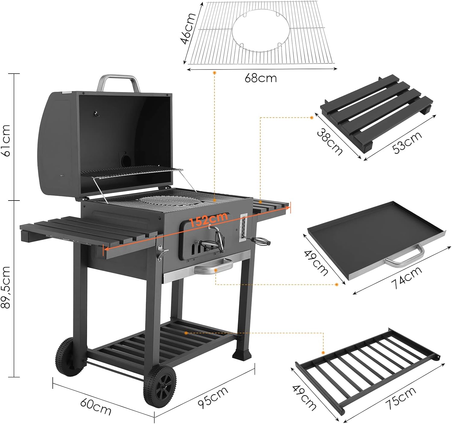 Diagram showing dimensions and main components of the grill