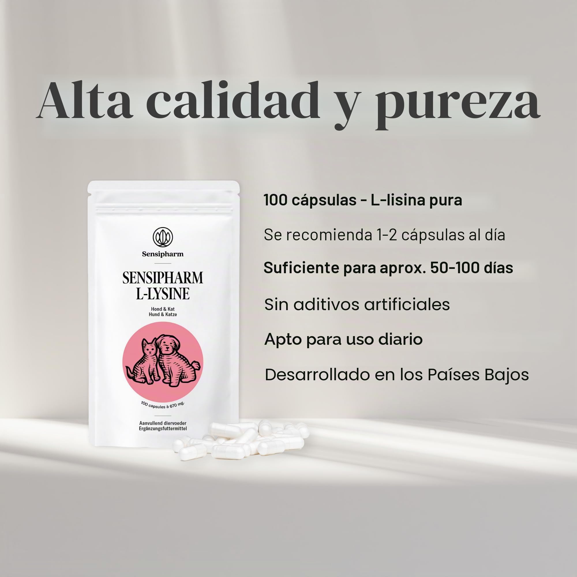 L-lisina para gatos y perros – Cápsulas de L-lisina en dosis altas 670 mg para apoyar el sistema inmunológico – Aminoácido Complemento alimenticio – 100 Cápsulas