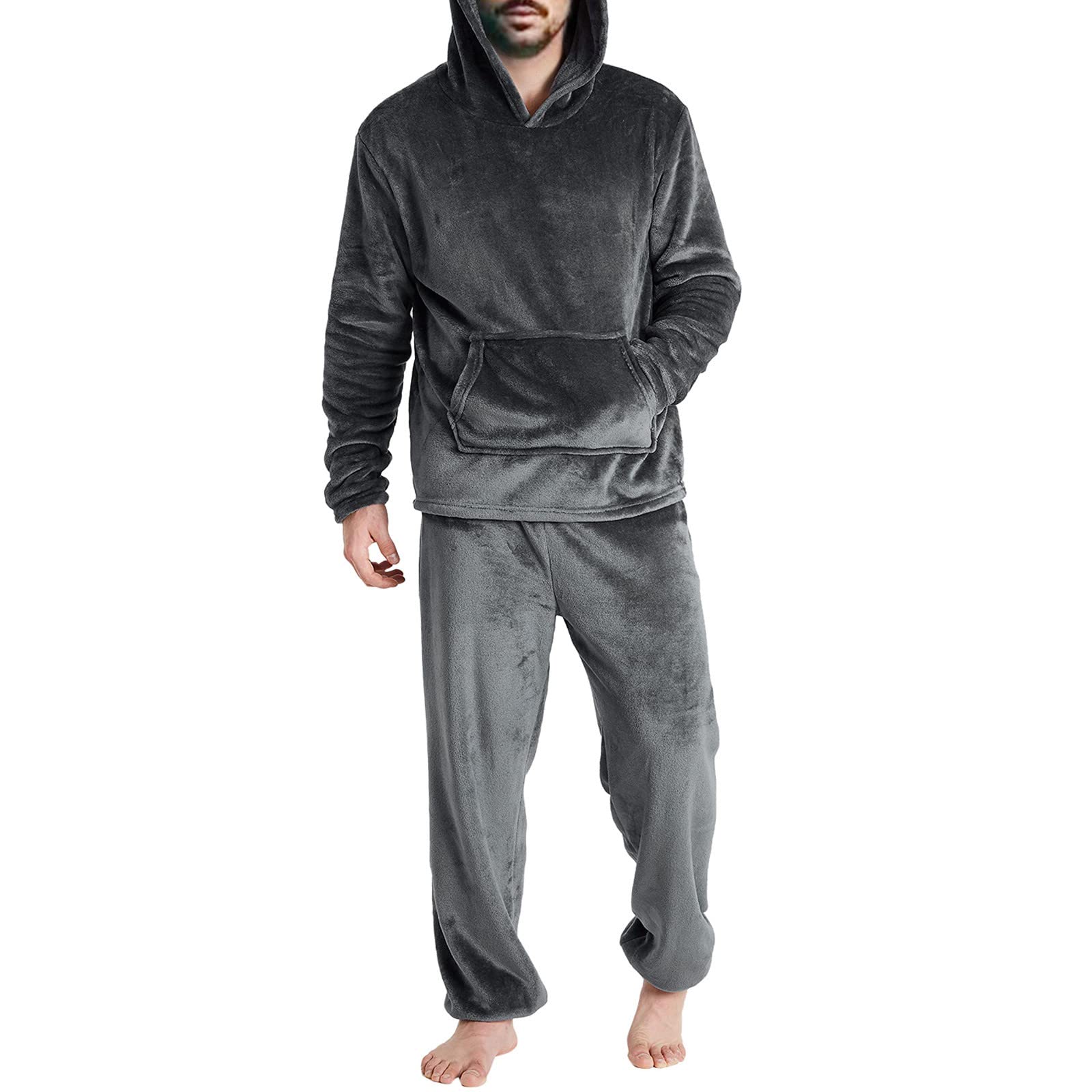 Pigiama lungo da uomo, in flanella, set da 2 pezzi, in pile, con cappuccio e pantaloni da sonno, per la casa, per l'inverno, per ragazzi