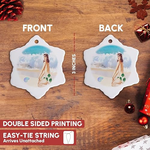 Miniatura 3 de 3 inch Snowflake Porcelain Ornament - Image of Ocean Waves Beach and Shell with Back of Topless Pinup Lens Art by Florene - Retro Pinups