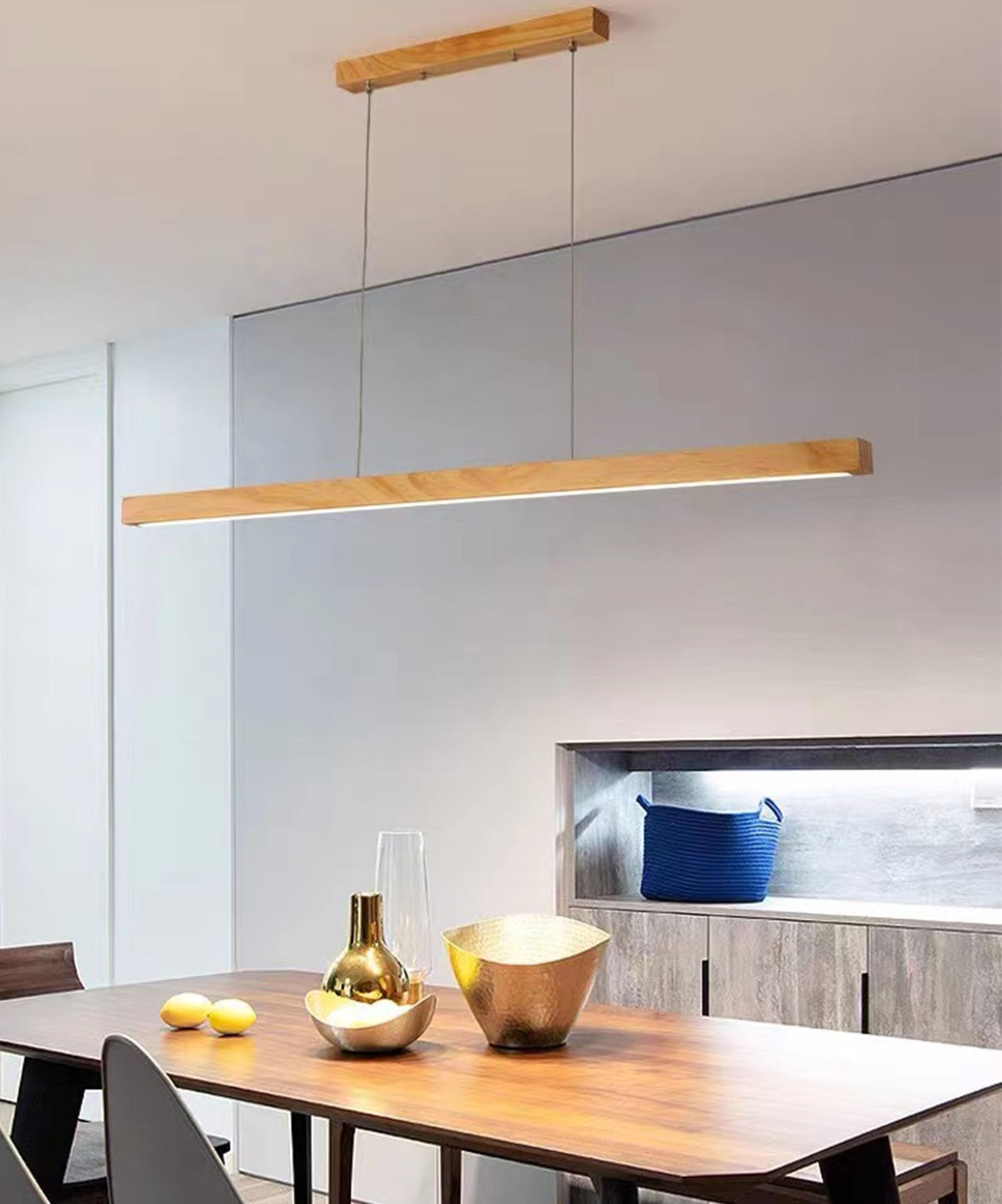 KXEcoLife Linear Pendant Lamp with Remote Control, LED Dining Table Wood Dimmable, Design Lamp, Chandelier for Room Kitchen Office (Wood, 100cm)