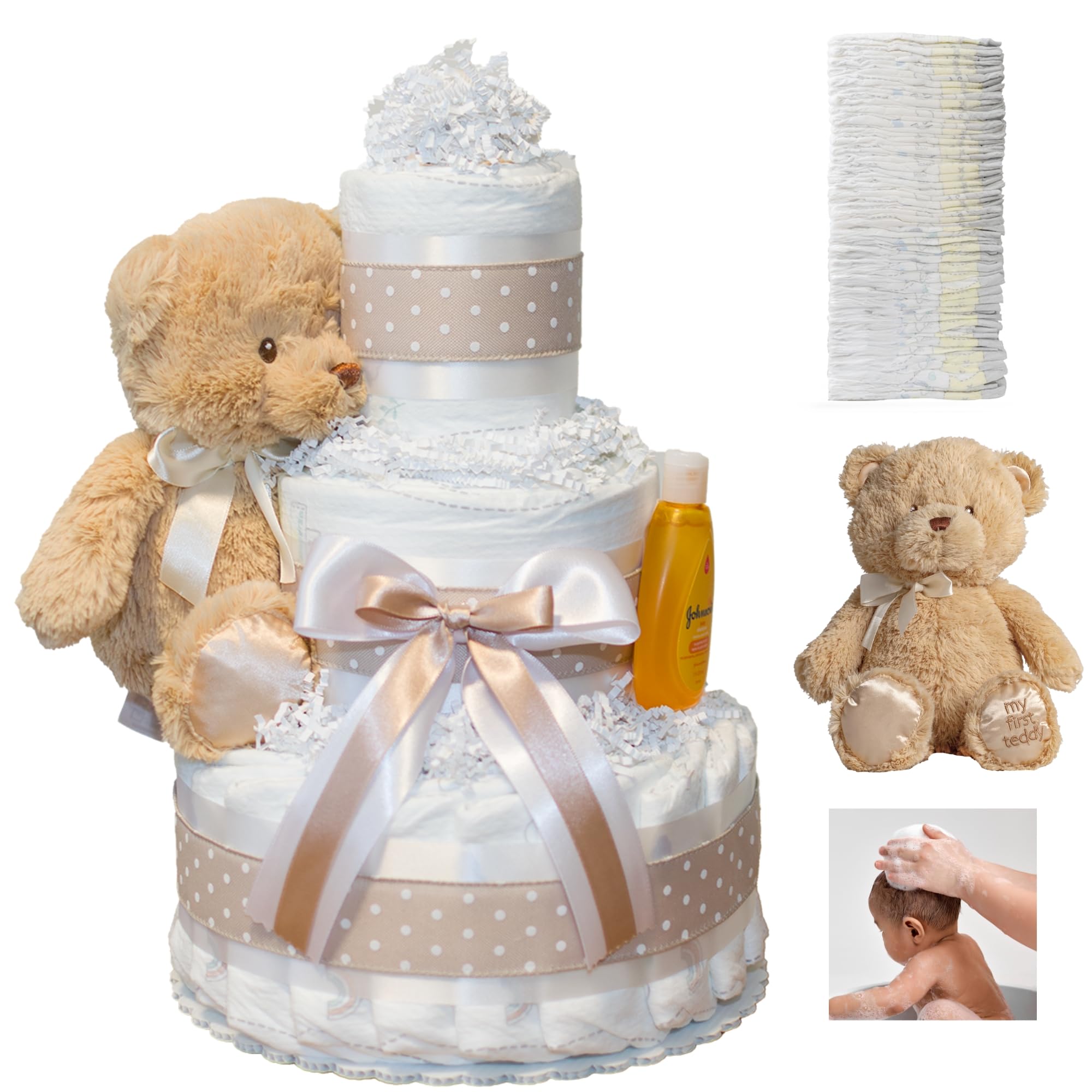 Lil' Baby Cakes Gender Neutral Diaper Cake for Baby Showers or Newborn Gift - Handmade Baby Gift with 42 Swaddler 1 Diapers - Neutral Cake with Plush