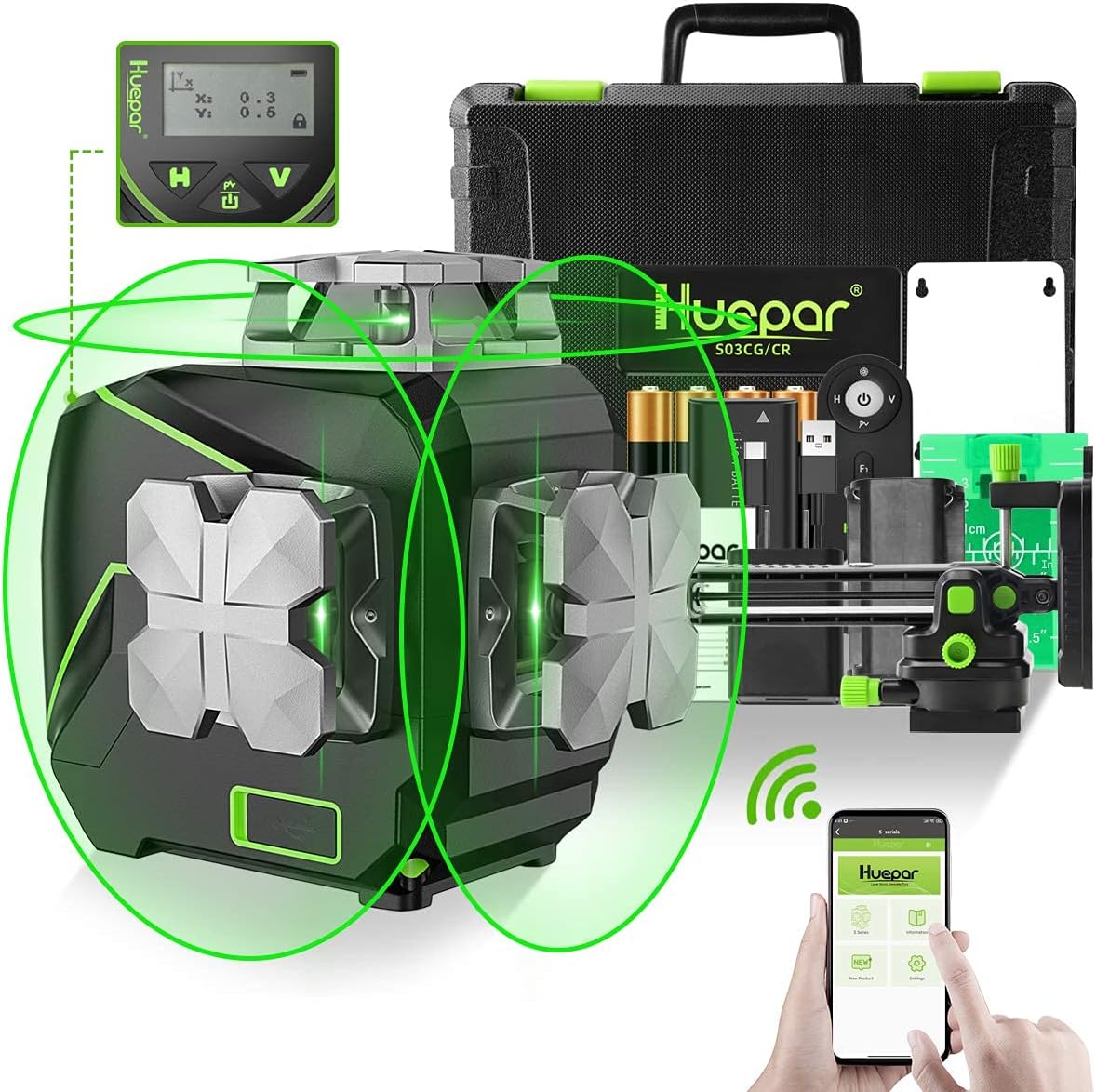 Huepar Laser Level 360 Self Leveling, S03CG Pro 3x360ยฐ Bluetooth Green Lazer Leveler Tool - Pulse Mode, LCD Screen, Magnetic Bracket, Rechargeable 3D 12 Lines Laser Level for Construction/Tile/Floor