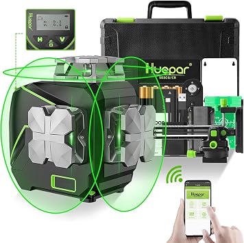 Huepar Laser Level 360 Self Leveling, S03CG 3x360 Green 3D Cross Line Laser with LCD Screen, Bluetooth Outdoor Pulse Mode, Remote Control, Rechargeable 12 Lines Laser Tool for Construction
