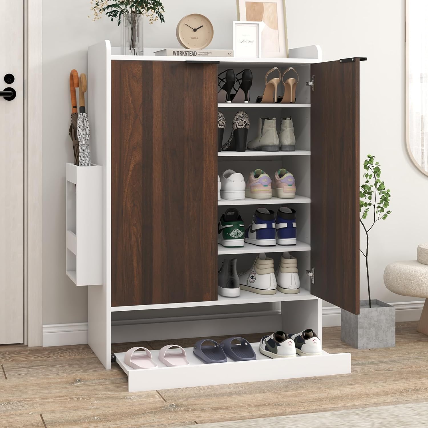 Verano Garden No Bend Shoe Cabinet with Slide Out Shelf, Top Storage Shelf & Umbrella Stand, 6-Tier Modern Shoe Organizer for Hallway, Apartment Entry