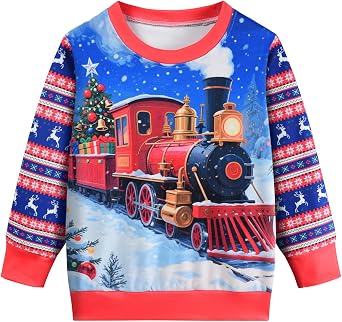 DDSOL Boy Ugly Christmas Sweatshirt Long Sleeve Santa Dinosaur Elk Train Bulldozer Kids Xmas Sweater Pullover Tops 4-10 Years