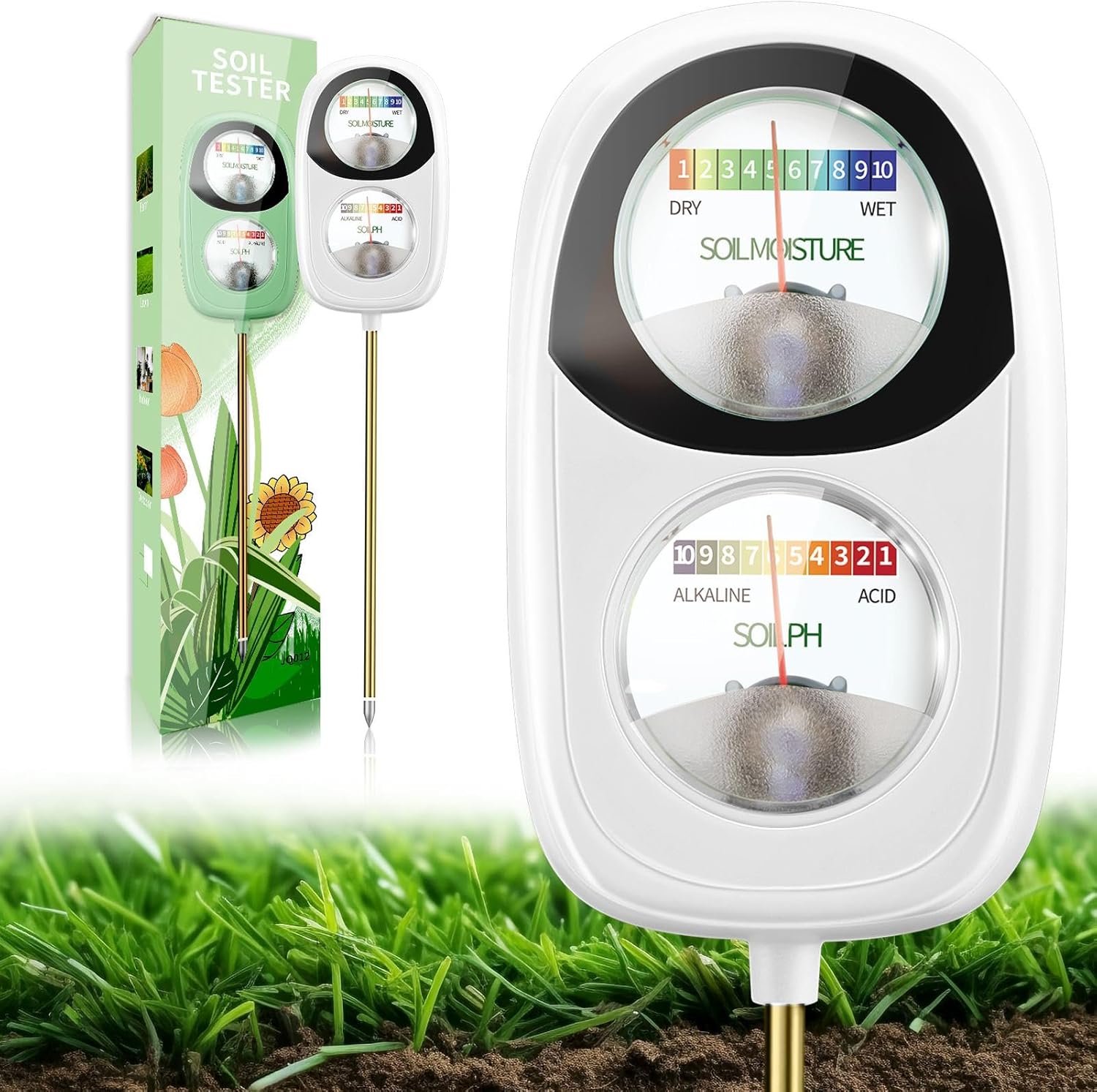 Soil Test Kit, 2-in-1 Soil Moisture Meter, Soil pH Tester, Large Dual Dial Soil Meter for Plants, Garden Soil, Lawn, Farm, Outdoor & Indoor Use-White