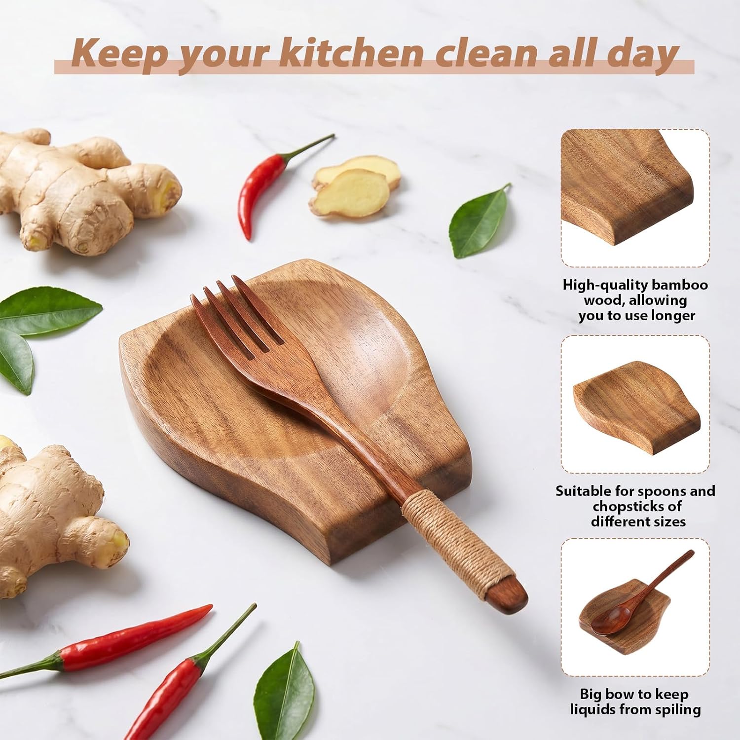 Wooden Spoon Rest for Stove Top, Heat-Resistant Wood Spoon Rest Spoons Holder for Rests Handmade Wooden for Kitchen Counter, Ladles, Forks, Tongs, Short (Brown)