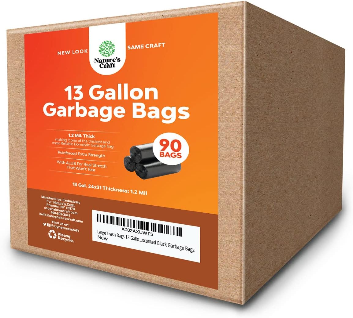Large 13 Gallon Trash Bags - Household and Kitchen Cleaning Supplies - Trash Bags 13 Gallon Tall Kitchen Trash Bags - Unscented Black Trash Bags and Compost Bags - Large Trash Bags for Lawn Care
